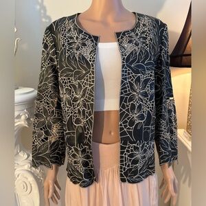 Peter Nygard Black and Cream Floral Leather Blazer